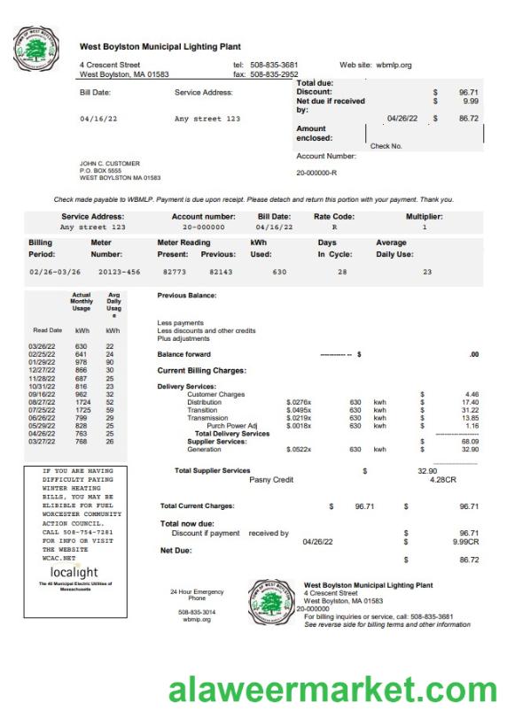 USA West Boylston utility bill template in Word and PDF format